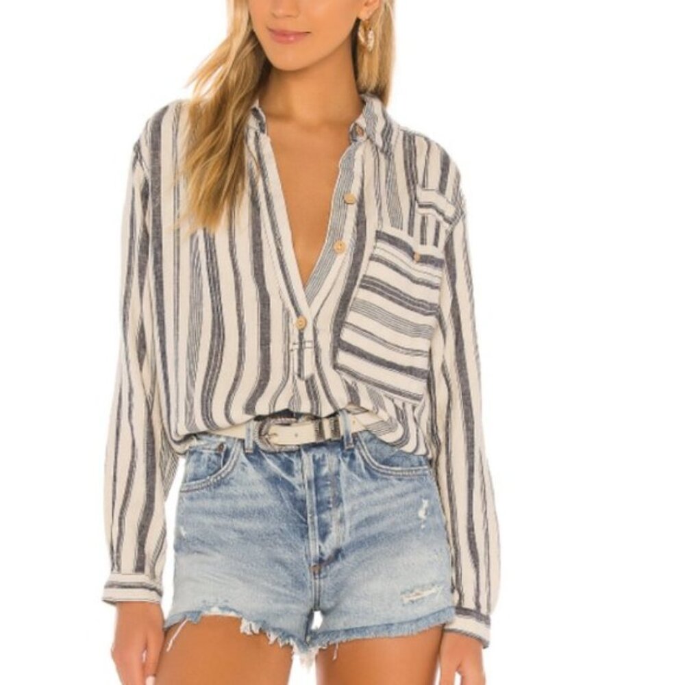 We The Free Free People Summer Breeze Stripe Button Down Top Ivory Blue Small